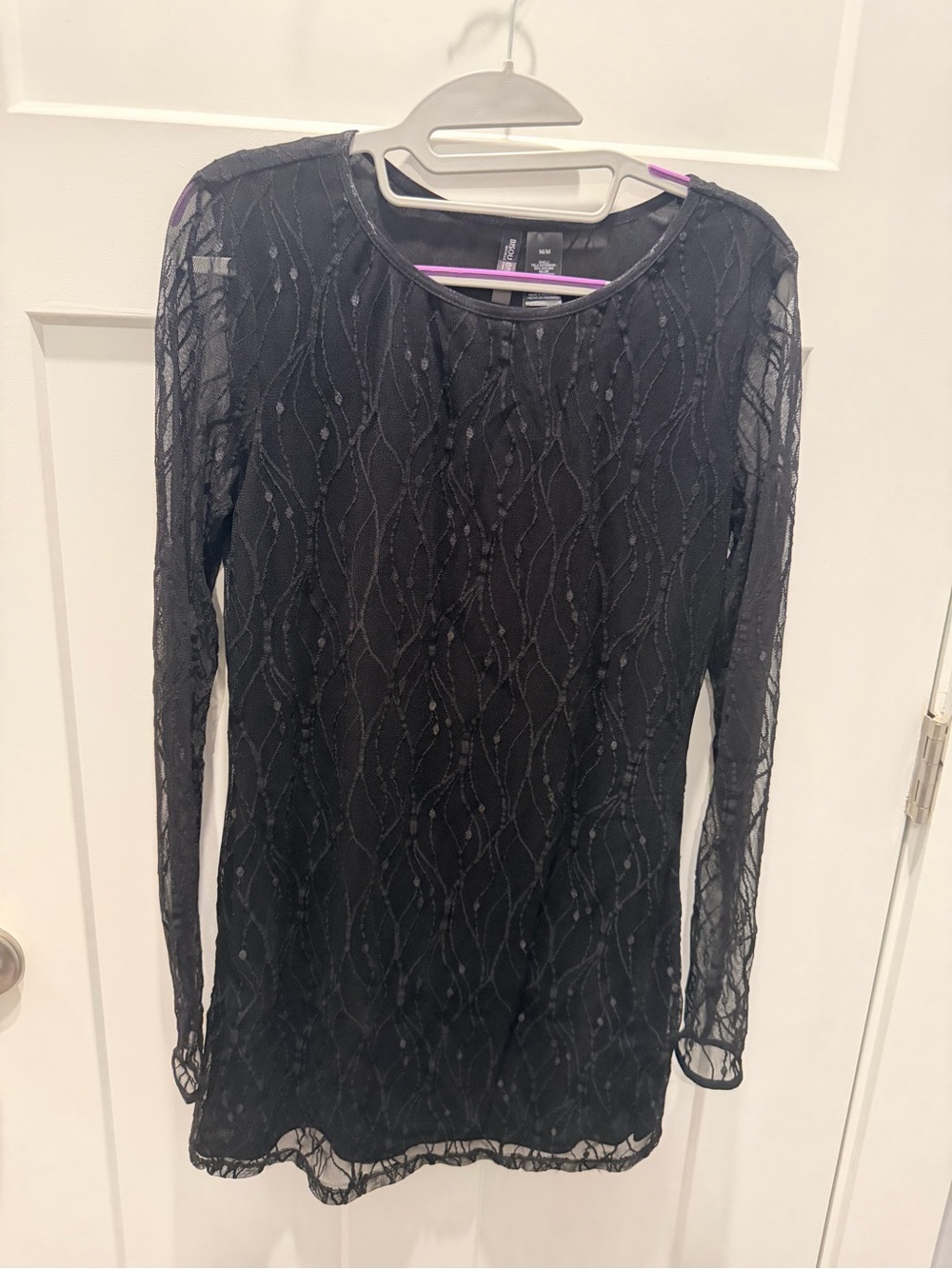 Bisou Bisou Black Lace Dress Medium Long Sleeve Sheer Scoop Neck Lined